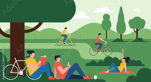 People enjoying leisure activities in a serene park landscape.