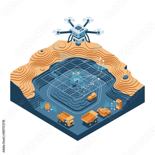 Isometric illustration of drone surveying construction site with vehicles and topographic map.