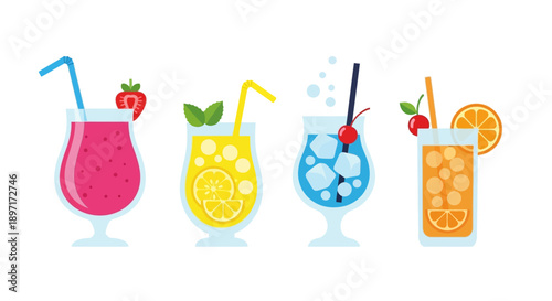 Colorful cocktails with fruit garnishes and straws.