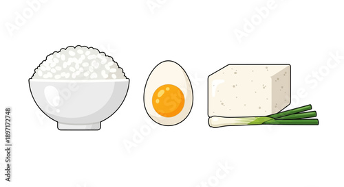 Illustration of Steaming Bowl of Rice, Sunny-Side-Up Egg, and Tofu Block with Green Onions.