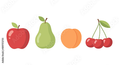 Colorful vector illustration of fresh fruits apple pear peach and cherries.