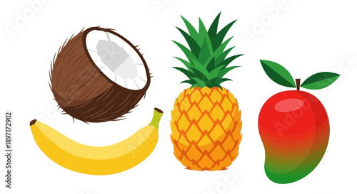 Colorful Cartoon Illustration of Tropical Fruits Coconut Pineapple Mango and Banana.