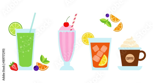 Assorted colorful drinks with fruits and toppings.