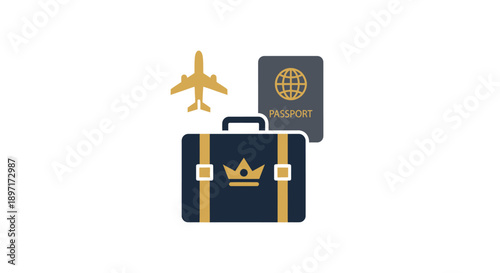 Luxury Travel Suitcase with Passport and Airplane.