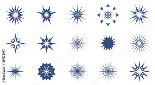 Collection of blue starburst shapes and abstract designs on white background.