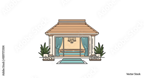 Serene tropical gazebo with lush greenery and open curtains.