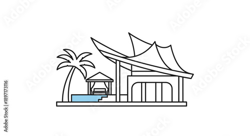 Simple line drawing of a tropical resort with palm tree and pool.