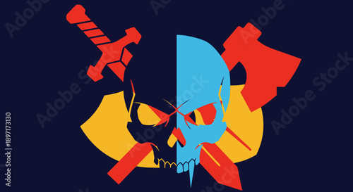 A stylized skull with a sword and abstract shapes in red, yellow, and blue on a dark background.