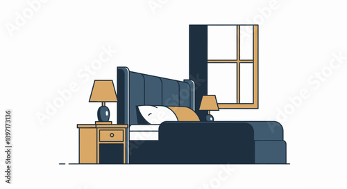 Cozy bedroom interior with bedside lamps and window.