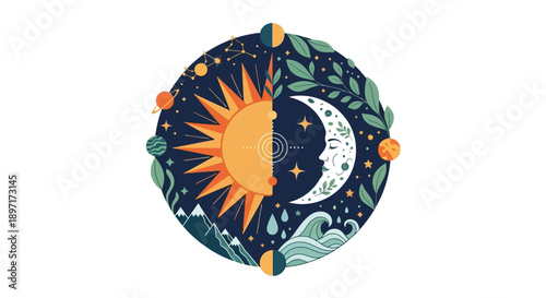 Celestial body illustration with sun and moon surrounded by foliage.