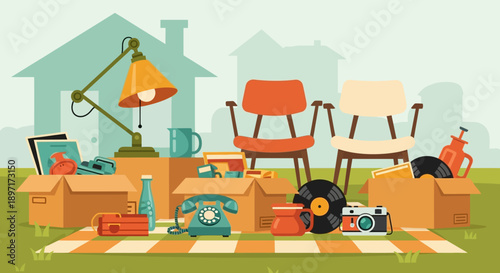 Assorted household items and furniture laid out on a lawn for a yard sale or disposal.