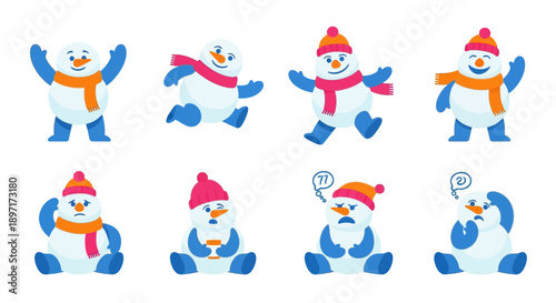 Eight cartoon snowmen in different poses and scarf colors.