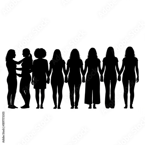 Group of women standing together in a line holding hands from behind, illustrating unity and solidarity in a simple illustration style