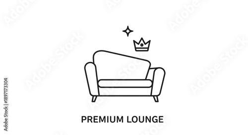 Simple line drawing of a sofa with a crown above it, symbolizing luxury and premium lounge.