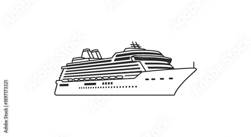 Simple black and white illustration of a large cruise ship.