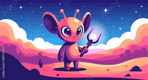 Cartoon alien character standing on a fantastical desert planet with a pitchfork.