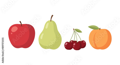 Colorful vector illustration of fresh red apple, green pear, red cherries, and orange peach fruits.