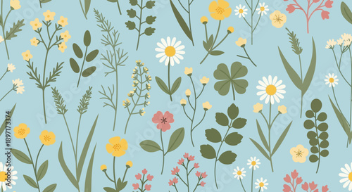 Colorful floral pattern with various flowers and leaves on a light blue background.