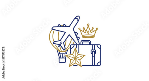 Luxury Travel Concept with Airplane Suitcase and Crown.