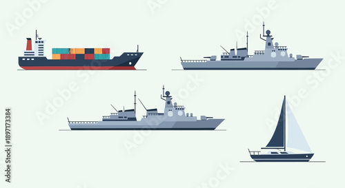 Vector illustration of various ships and a sailboat on a white background.