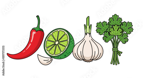 Cartoon Illustration of Fresh Chili Pepper Lime Garlic and Cilantro Ingredients.