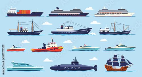Diverse Collection of Ships and Boats on Water.