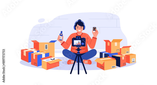 Woman sitting amidst boxes holding smartphone and bottle.