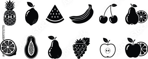 Black Vector Fruit Icon Set Featuring Pineapple Lemon Watermelon Banana Cherry Pear Orange Papaya Grape Apple Isolated Silhouettes For Healthy Food Web Design Graphic