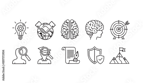 Business Concept Icons: Idea, Global Partnership, Brain, Education, Goal, Research, Writing, Security, Achievement