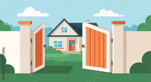 Open orange gates leading to a house behind a wall.