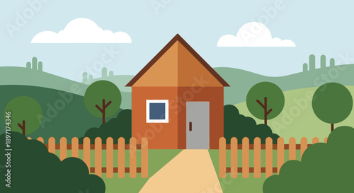 Cozy orange house with a picket fence in a green landscape.