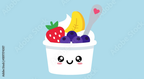 A cartoon yogurt cup with fruit and a spoon.