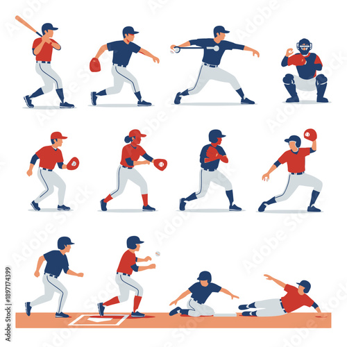 Baseball Players Action Poses - Pitcher, Catcher, Batter, Runner, Fielder