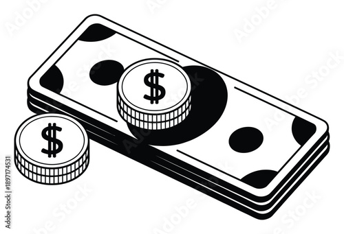 Stack of US Dollar Bills and Coins with Dollar Signs - Business and Finance Concept