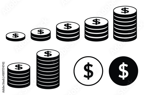 Stacks of Dollar Coins and Dollar Sign Icons Representing Wealth and Finance