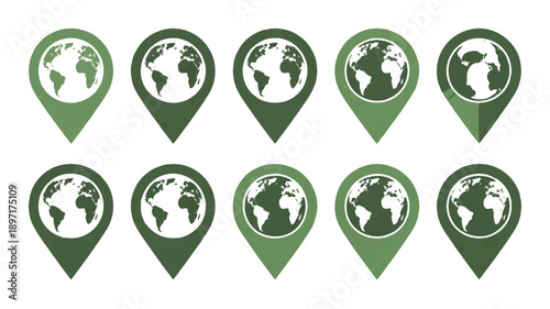 A set of 12 minimalist location pin icons arranged in a 3x4 grid, all in a consistent green and white color scheme (2)_traced