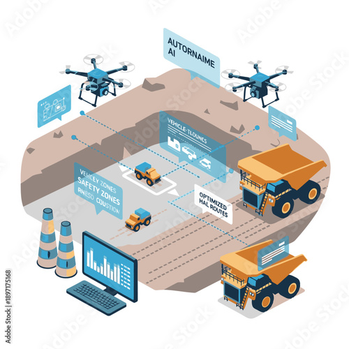 Autonomous mining site with drones and heavy machinery.