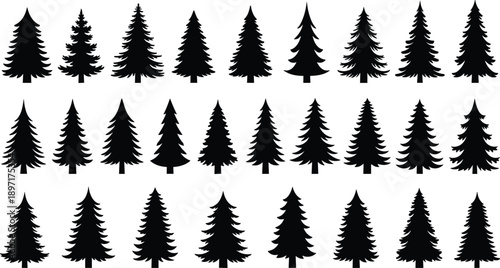 Collection of Pine Tree Silhouettes Black Conifer Evergreen Fir Forest Shapes Set for Nature Winter Christmas Design Vector Isolated Elements on White Background Pack