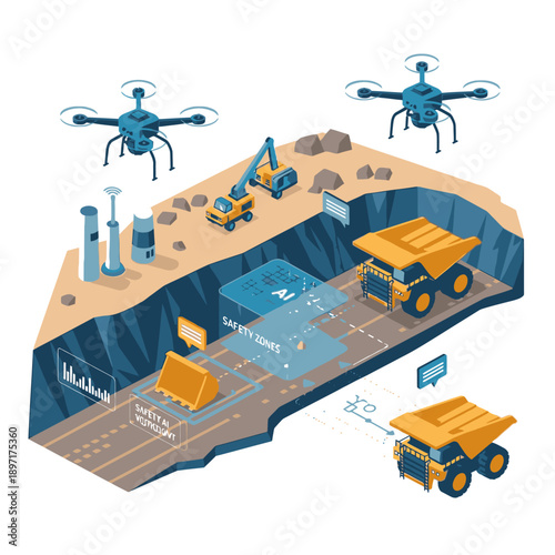 Mining operation with autonomous vehicles and drones.