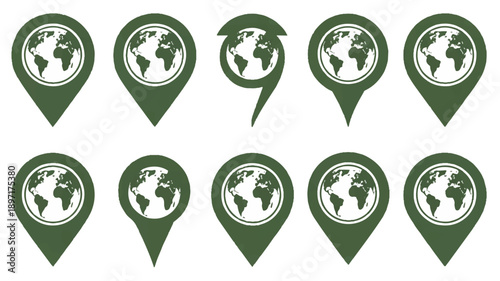 A set of 12 minimalist location pin icons arranged in a 3x4 grid, all in a consistent green and white color scheme (3)_traced