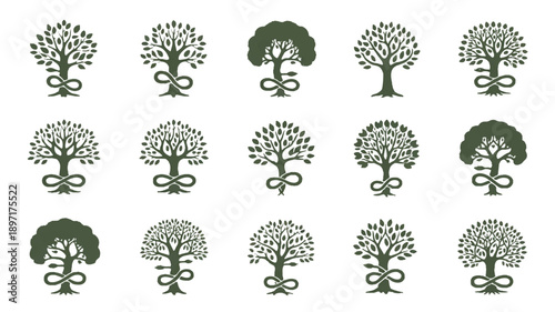 A set of 12 minimalist tree logos arranged in a 3x4 grid, all in a deep forest green color against a white background (1)_traced