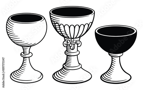 Three ornate goblets and chalices in a line, black and white illustration