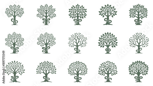 A set of 12 minimalist tree logos arranged in a 3x4 grid, all in a deep forest green color against a white background (2)_traced