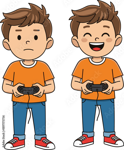 Cute Cartoon Boy Character Set Playing Video Games with Gamepad Controller Showing Happy and Focused Facial Expressions for Gaming Kids Education and Entertainment Design