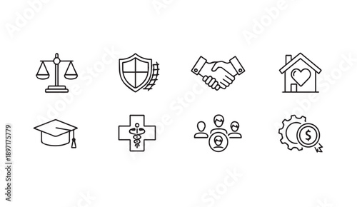Collection of Icons Representing Justice, Security, Partnership, Home, Education, Health, Community, and Finance