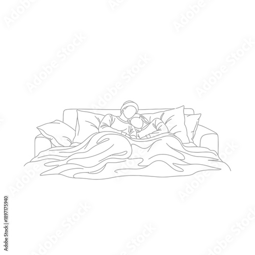 Couple Cuddling Comfortably in Bed Line Art.