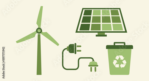 Green energy sources and recycling symbol illustration.