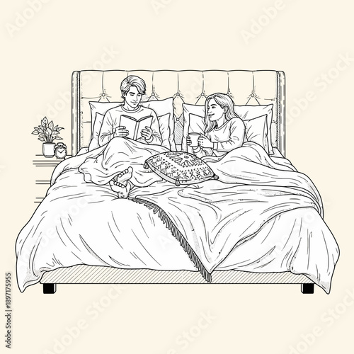 Couple relaxing in bed man reading woman drinking tea.
