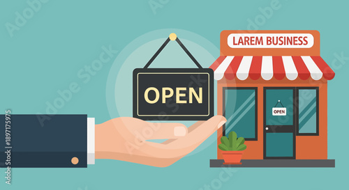 Hand holding open sign in front of small business store.