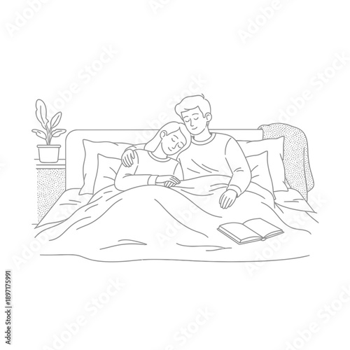Couple resting in bed together.